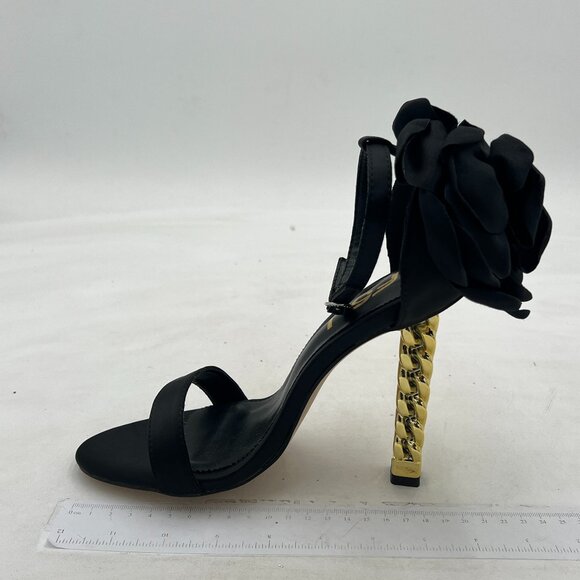 FSJ Black Flower Gold Metal Chain Chunky High Heels Ankle Strap Sandals Open Toe - Picture 2 of 8